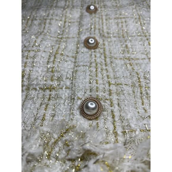 Aura Skirt Cream And Gold Tweed With Frayed Hem Gold Buttons Size Large NWTS - Picture 2 of 8